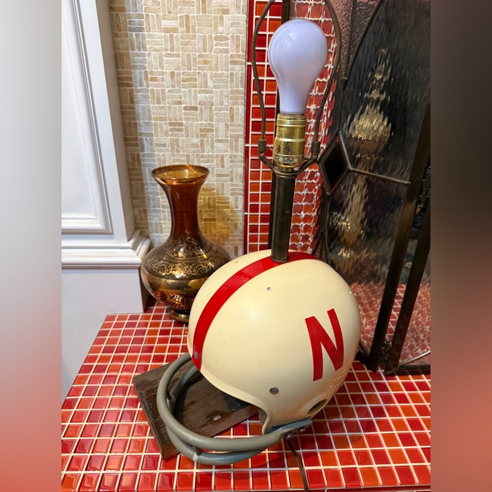 Vintage Football Helmet Lamp White with Red Stripe NEBRASKA CORNHUSKERS Light